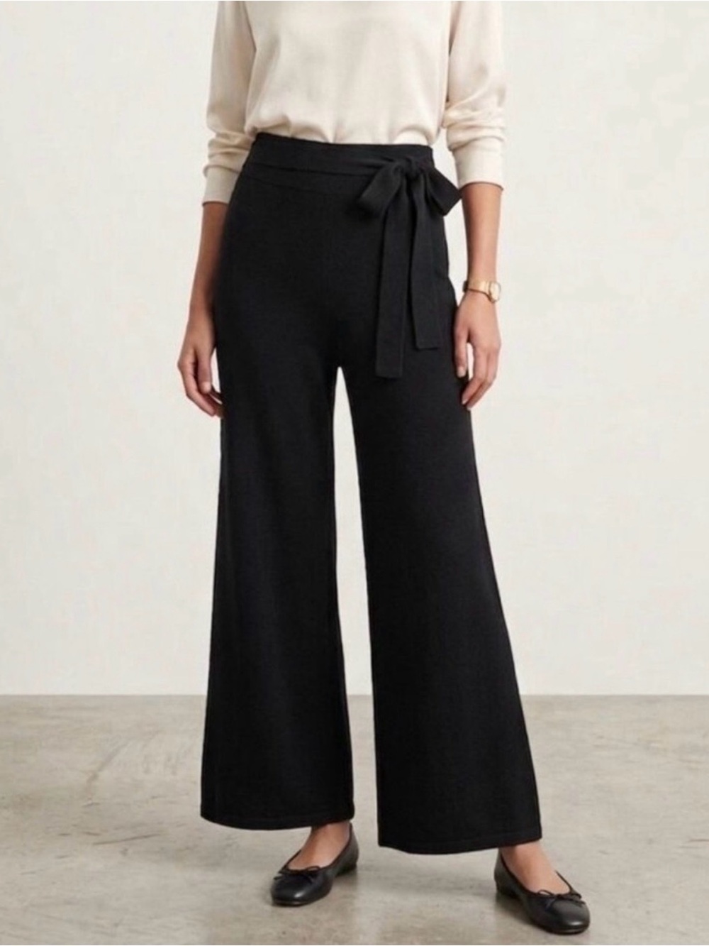 By Anthropologie Linette Merino Wool Blend Cropped Knit Palazzo Pants Black Noir